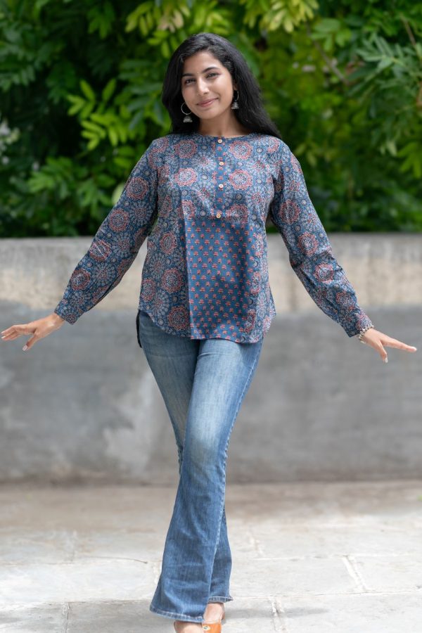 Ajrakh Amaya Kurti - L, Indigo Ajrakh