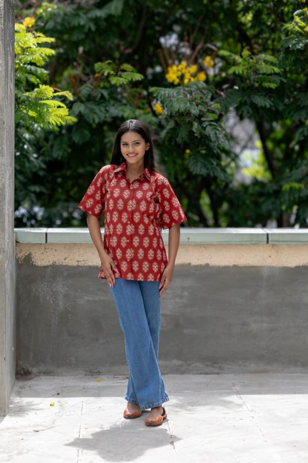 Hip Wood Button Shirt - Red, S
